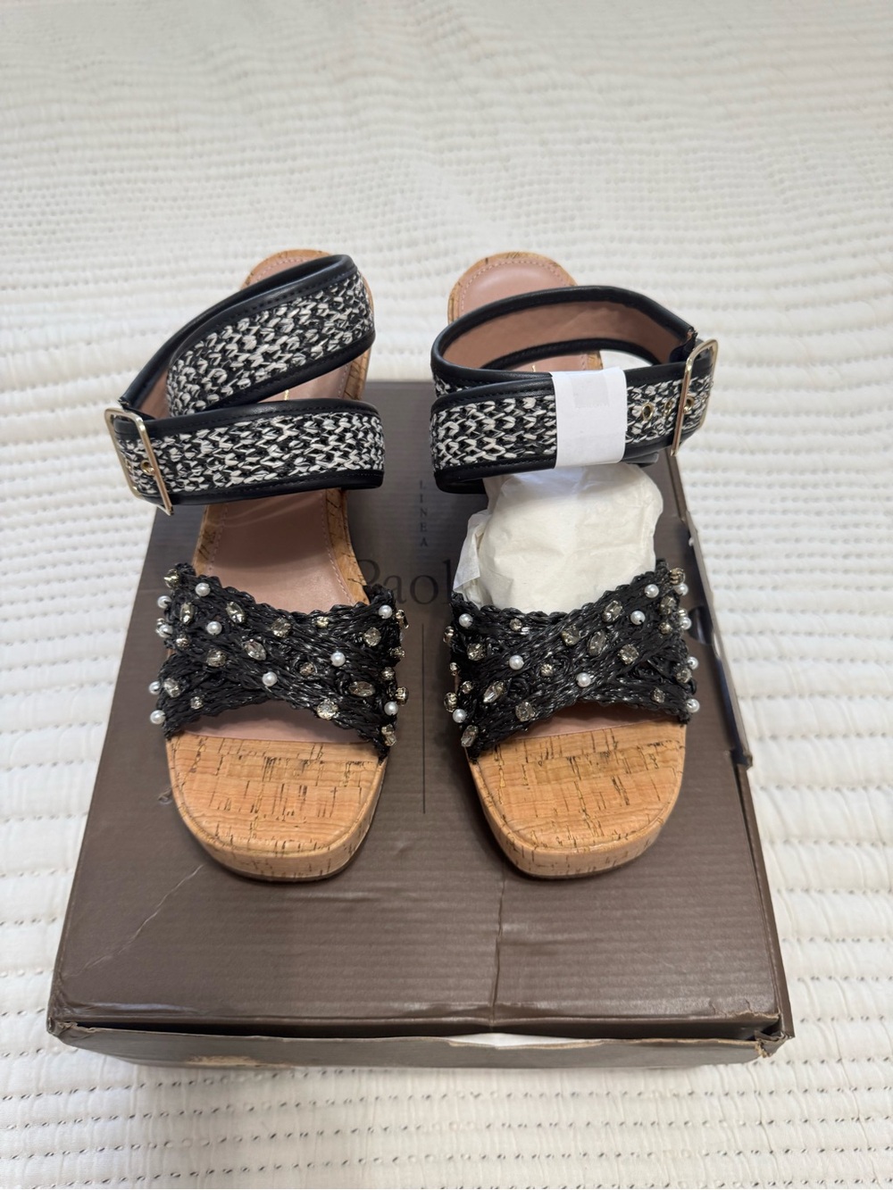 NIB Linea Paolo Varena-L Embellished Raffia Cork Wedge Sandals Size 8M